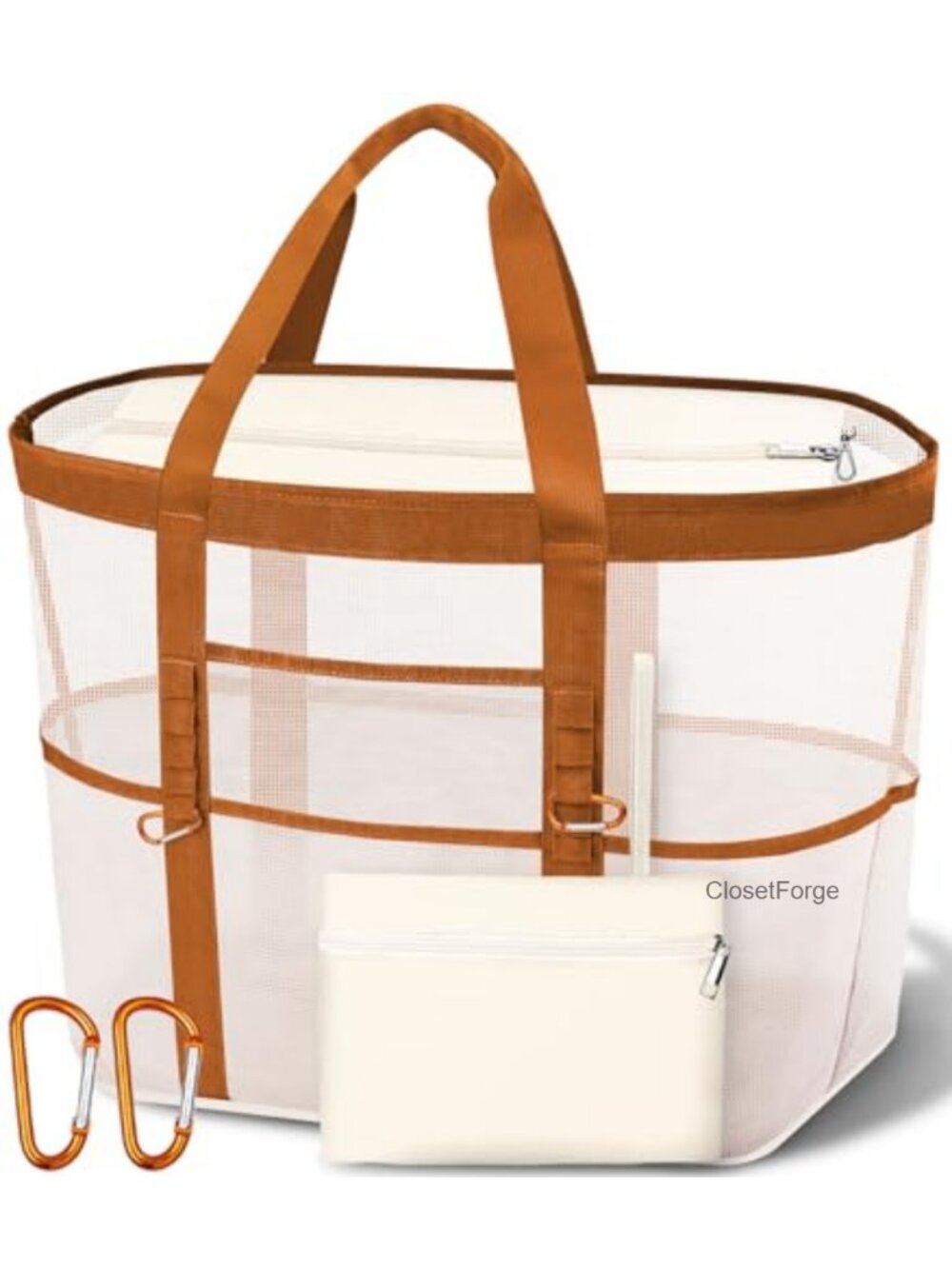 XX-Large Mesh Canvas Beach Tote with Top Zipper, 11 Pockets & Detachable Pouch